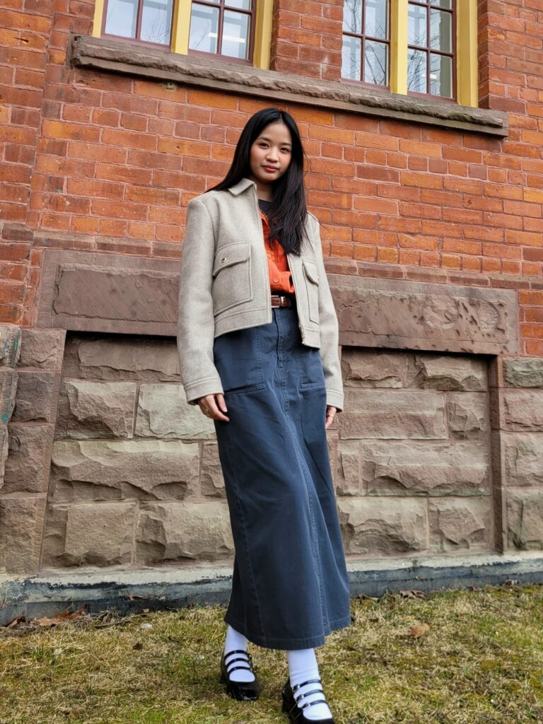 Classy fashion womenswear. Student is wearing vintage and thrifted clothes.