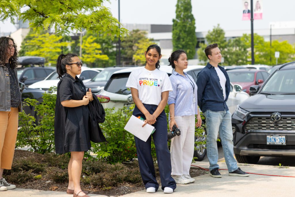 A group of people is standing together.