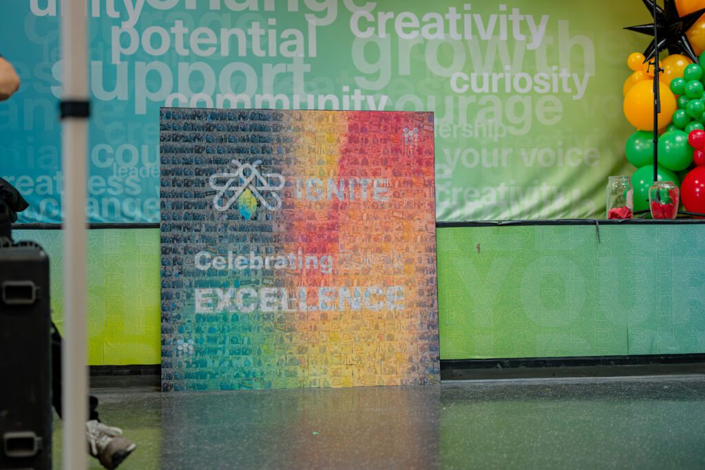 A colourful board with IGNITE's name and logo and the words "Celebrating EXCELLENCE."