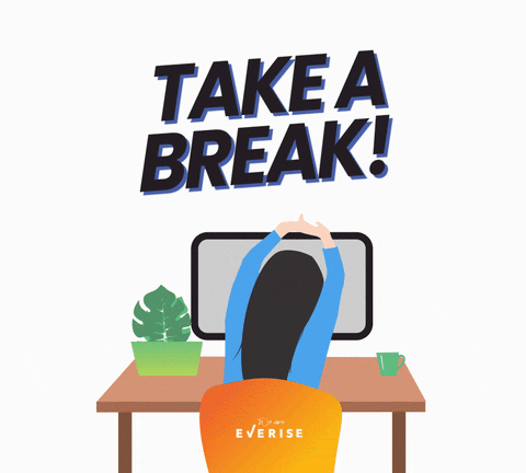 An illustration of a person stretching at her desk in front of a computer screen, with the bold text "TAKE A BREAK!".