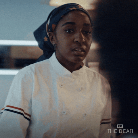Sydney telling Tina to breathe while Tina panics. From the TV show, The Bear.
