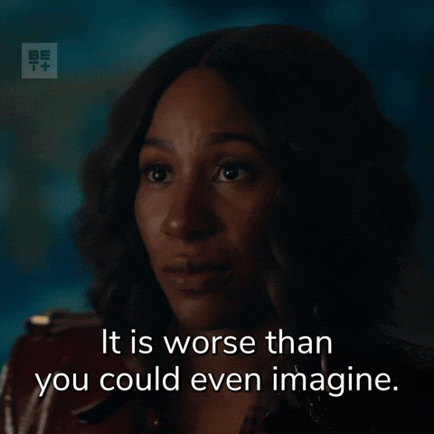A woman in a dimly lit scene speaks seriously and says, "It is worse than you could even imagine."