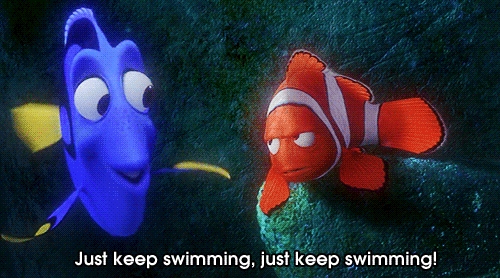 Two fishes talking with a blue fish saying "Just keep swimming, just keep swimming!" to the clownfish