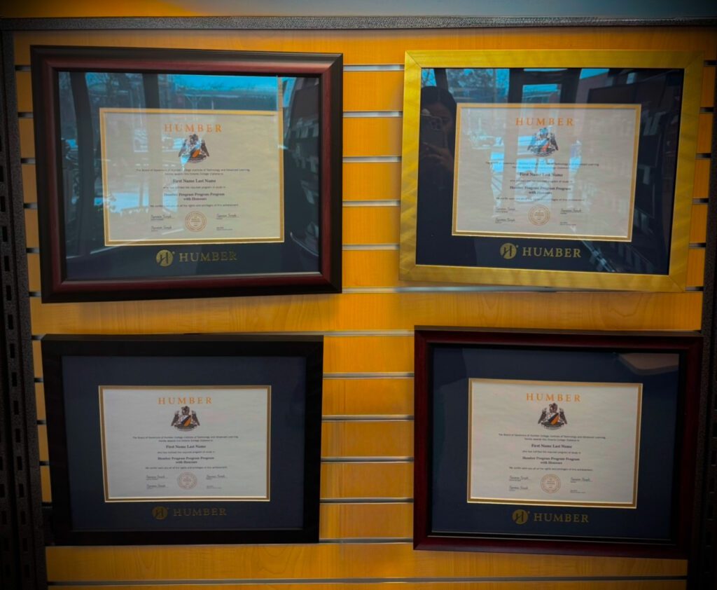 Four framed Humber College diplomas are displayed on a wooden panel wall, each with a different frame style, including black, brown, and gold-trimmed designs.