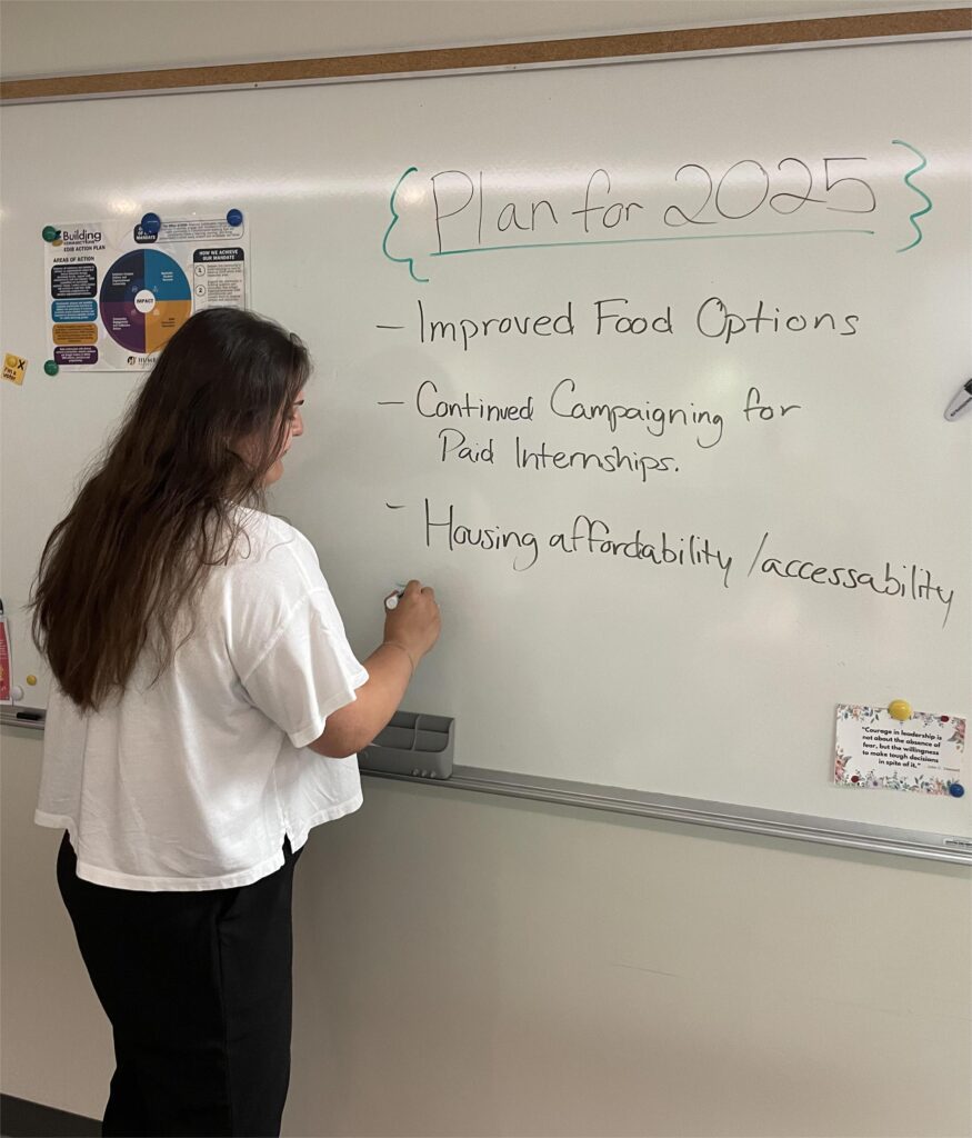 A woman is writing her plans on the whiteboard.