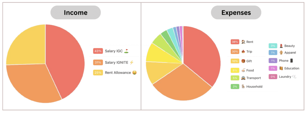 Two pie charts showing a breakdown of income and expense statements. 