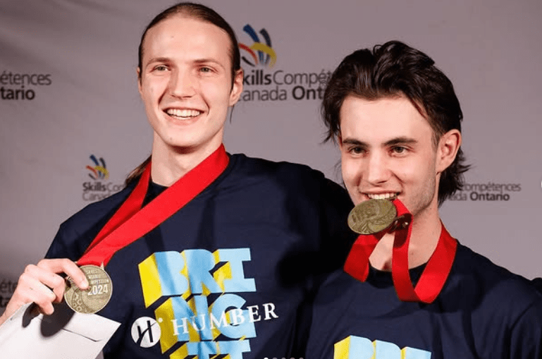 Grant Maddock smiling while holding his metal (left) and Cole Hunter biting his metal (right) after their 2024 win.