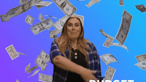 A woman throws cash in the air as dollar bills rain down around her, with the word “BUDGET APPROVED” appearing in bold letters.