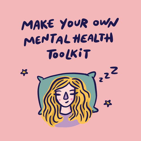 Wallpaper with shifting images of a journal, flowers, etc., with the words 'MAKE YOUR OWN MENTAL HEALTH TOOLKIT' written above.