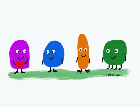 cartoon characters smiling and passing a heart from one to another
