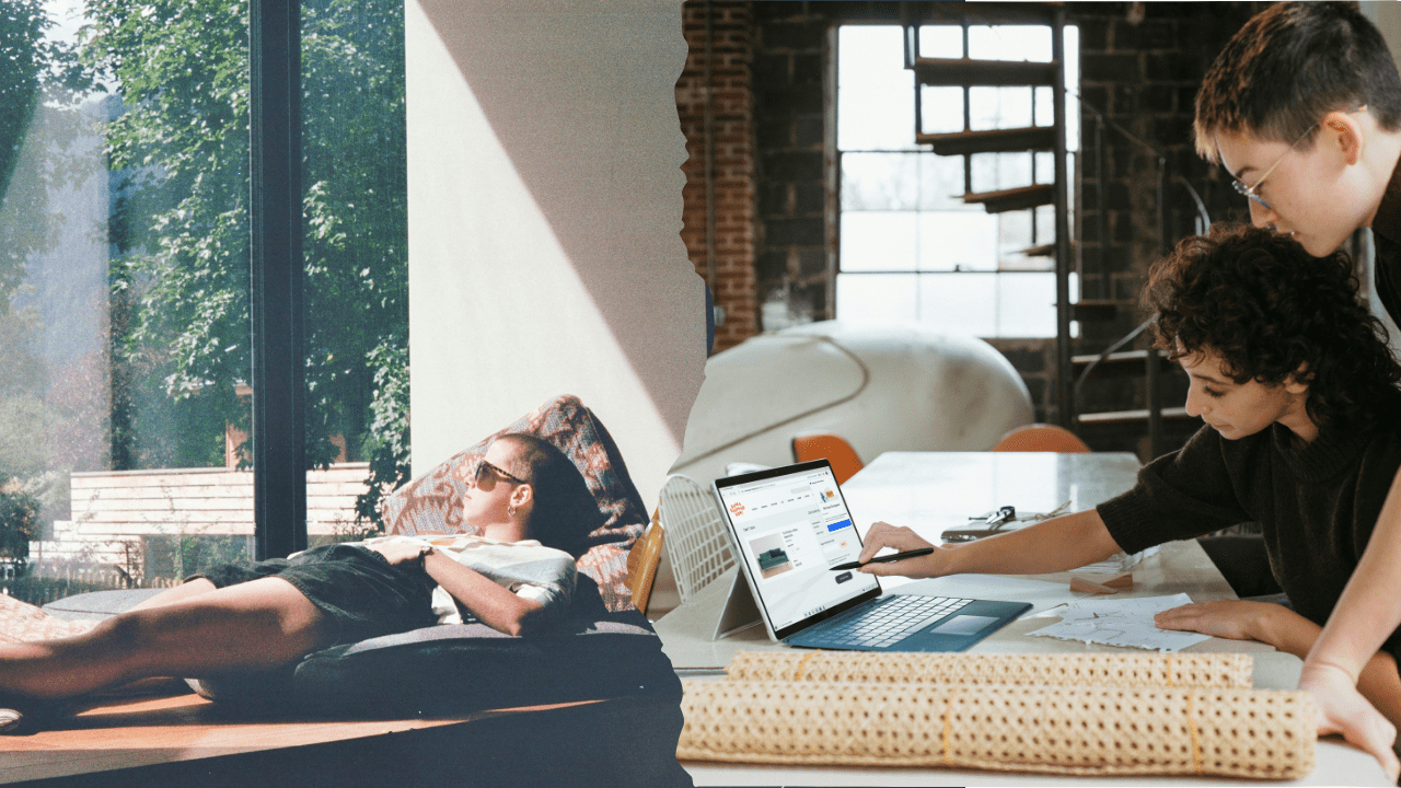 A split-screen image with a torn-paper effect showing a person wearing sunglasses lounging and relaxing by a sunny window on the left, and two young professionals working together over a laptop in a modern studio on the right.