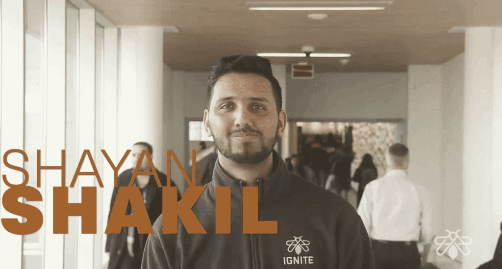 Shayan Shakil is standing at the Humber Polytechnic North campus.