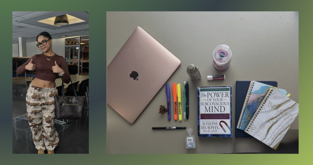 Photo of Parmpreet Mangat and the items from her bag