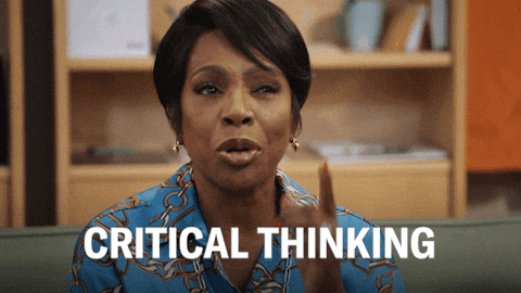 A woman in a blue patterned blouse points to her temple with a smug expression, with the words "CRITICAL THINKING".