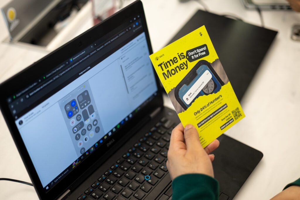 A person is holding a brochure of 'Time Is Money' campaign.