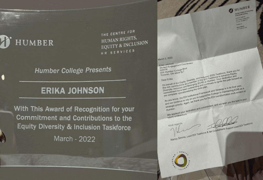 A plaque and a letter of appreciation for Erika Johnson’s work with Humber’s EDIB team.