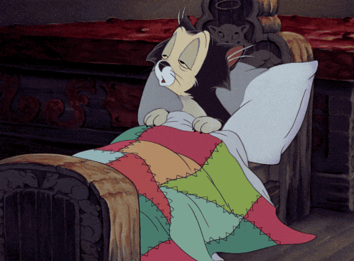 An animated  cat waking up from a cozy sleep