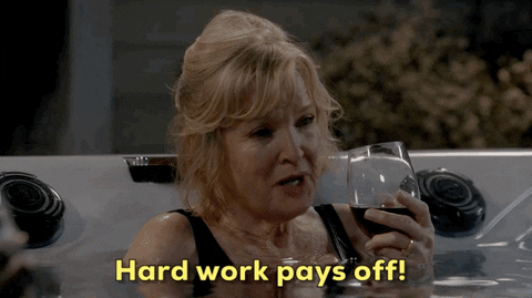 An old lady in a bath tub drinking a red wine and says "Hard work pays off!" internships
