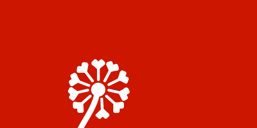 An animation of a white dandelion in a red background. The seeds are blown by the wind. 