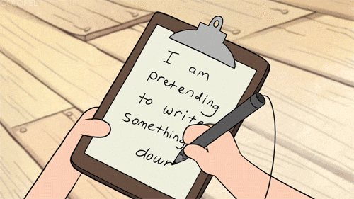An animated character is writing, "I am pretending to write something down" on a sheet of paper.