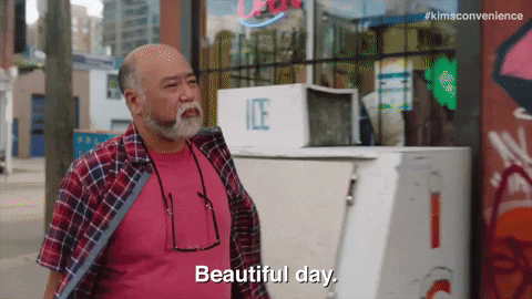 A man is saying the words, "Beautiful day."