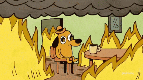 An animated dog is sitting in a fire and saying the words, "This is fine."