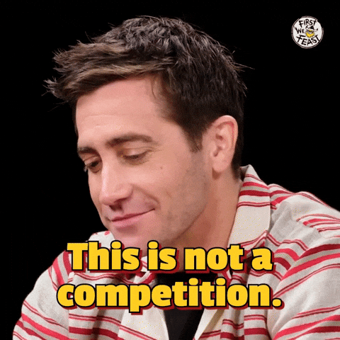A man is saying the words, "This is not a competition."
