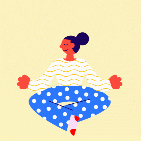 An animation of a woman doing meditation and the words, "TAKE A DEEP BREATH," are written above. 
