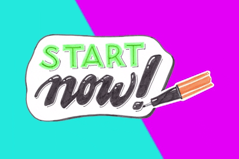 An illustration with the words 'Start now!' written in bold, stylized text. The word 'Start' is in bright green, while 'now!' is in black, featuring a shiny effect. A marker with a brown cap is positioned to the right, appearing to write the word.