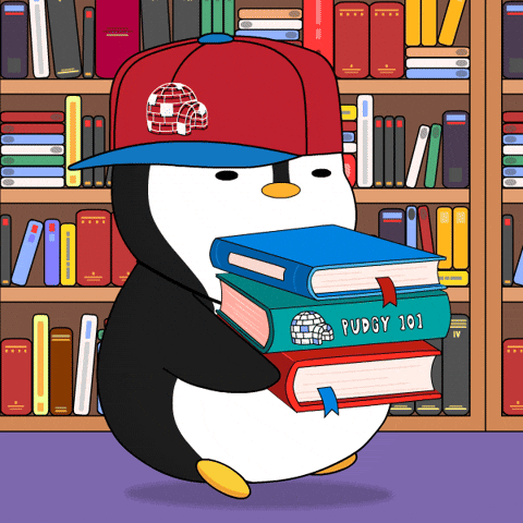 A penguin holding a book while walking.