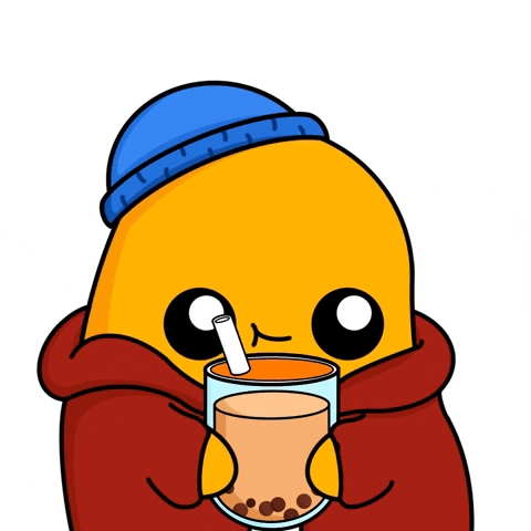 A cartoon character in a red hoodie is sipping on bubble tea, with the words "I NEED MY BUBBLE TEA" above.