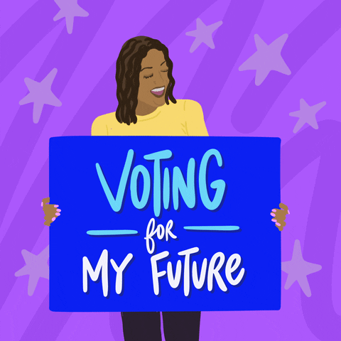 An animated woman is holding a poster which says "Voting for MY FUTURE"