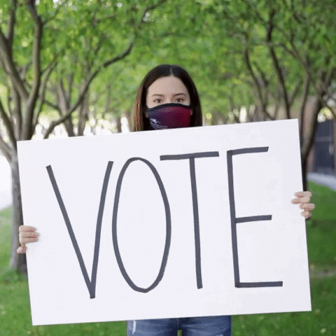 A woman is holding a big poster which says "Vote" on one side and "YOUR VOICE MATTERS" on the other.