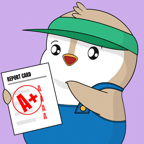 An animated penguin jumping with excitement, holding up an A+ grade report card.