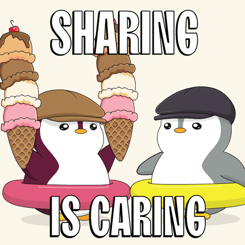 An animation of one penguin giving an extra ice cream to another, with the words 'SHARING IS CARING' mentioned.