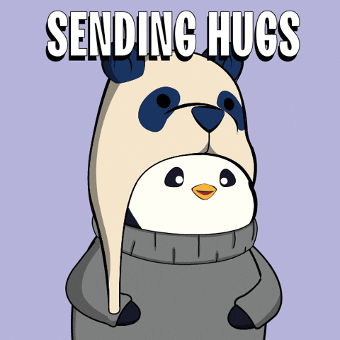 An animation of a happy penguin raising its hands, with the words 'SENDING HUGS' written above.