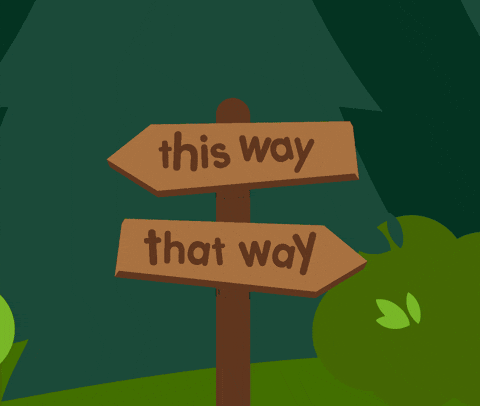 An animation of a boy with a bag pack walking on a trail that diverges into two different directions.