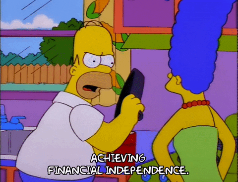Homer Simpson passionately gestures with a frying pan while declaring “Achieving financial independence.” to Marge in a kitchen scene.