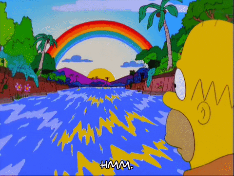 Homer Simpson looking left and right and deciding what road to take.