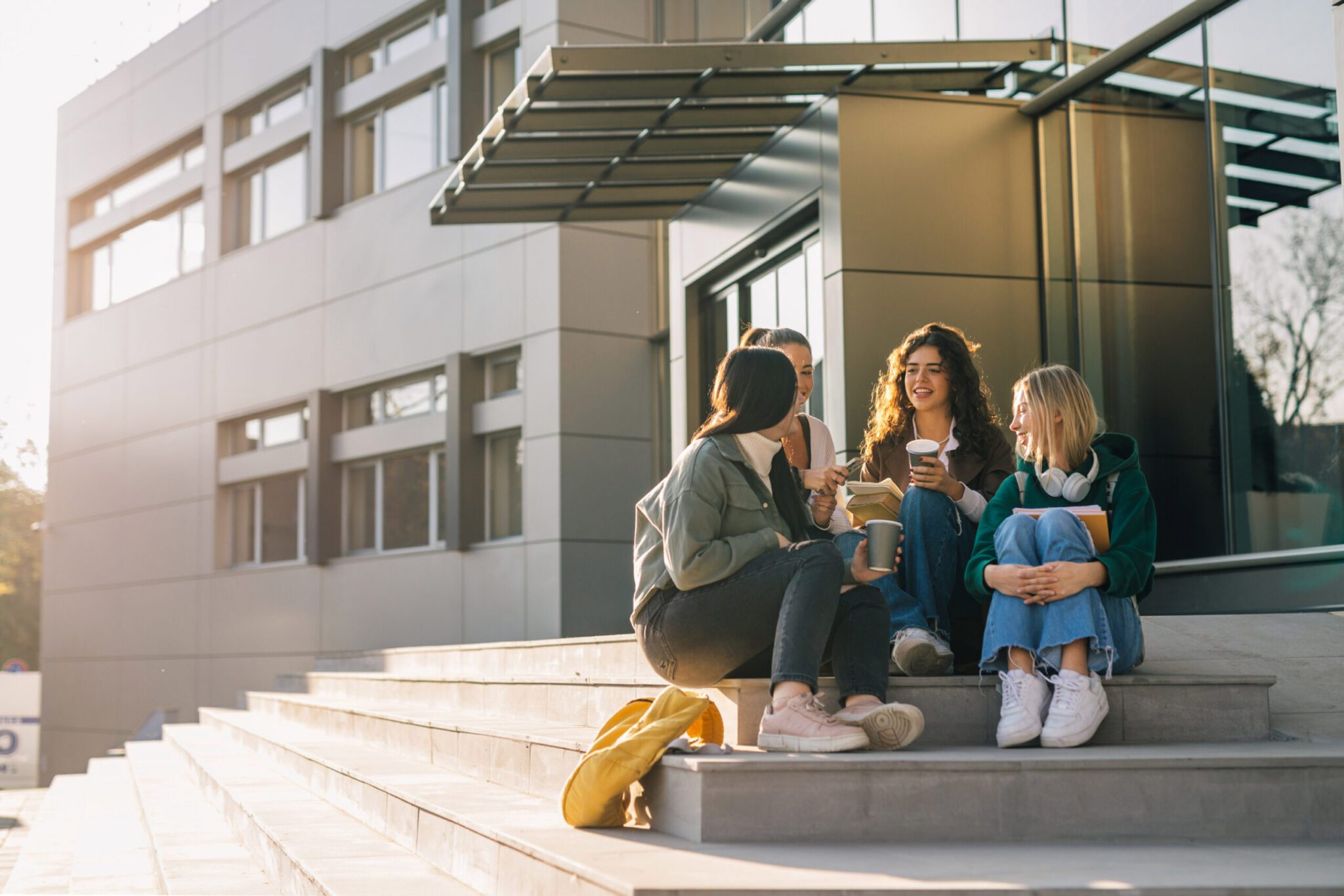 Four young adults sit on outdoor steps of a modern building, chatting and smiling while holding coffee cups and notebooks. Sunlight shines on them, creating a relaxed and friendly atmosphere.