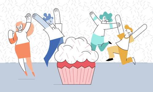 Graphics of a cupcake with a cherry falling on top of it. On the background, four people are jumping with joy.