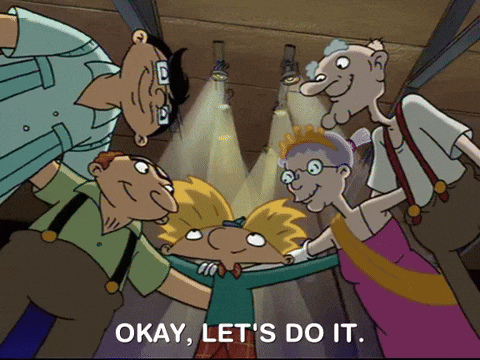 Arnold huddled with his friends and family saying "okay lets do it" then all of them clapping their hands simultaneously. 