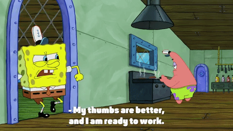 SpongeBob SquarePants excitedly declares he is ready to work while Patrick Star cooks in the background.