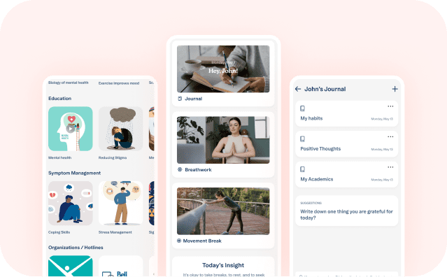 The Rhea app showing a personal journal and recommended exercises.