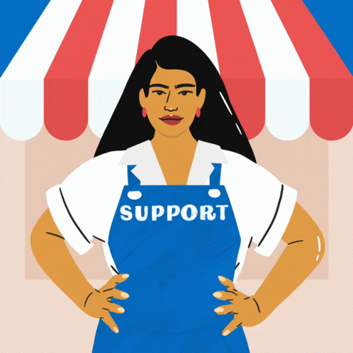 An animated girl stands with her hands on her waist. She wears an apron that says,"Support Small Business" with three stars at the bottom. 