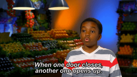 A boy saying, "When one door closes, another one opens up."