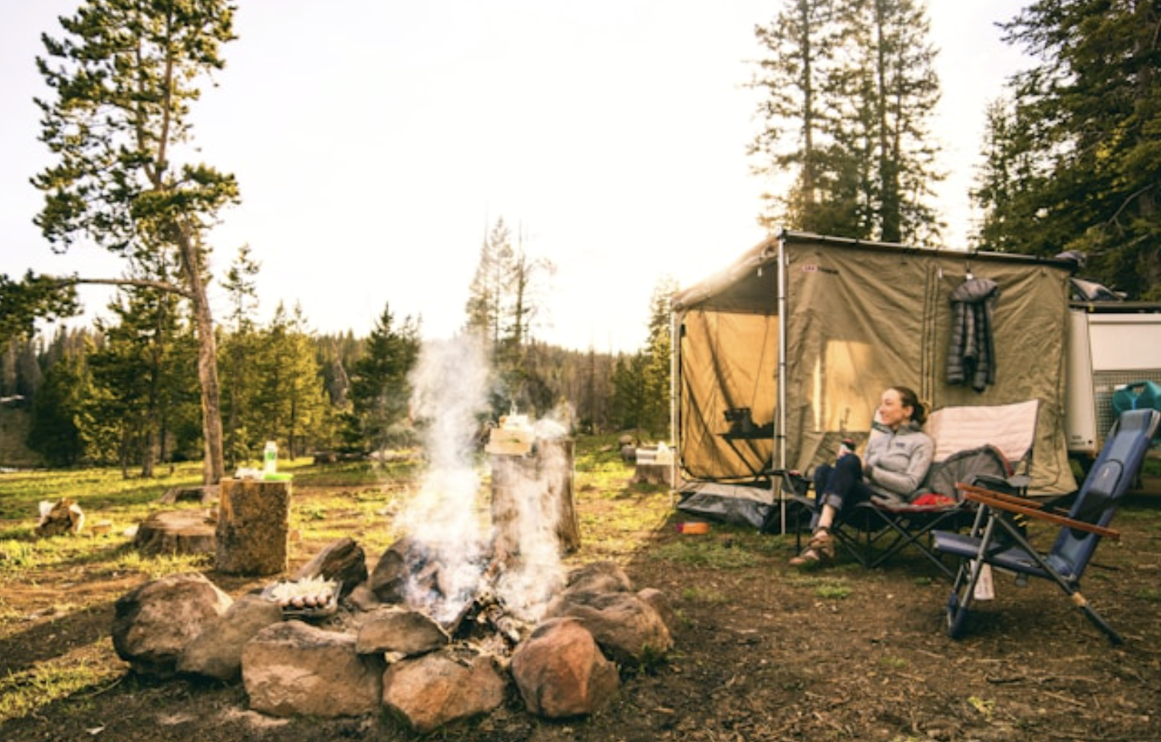 A scenery with camping equipment set up