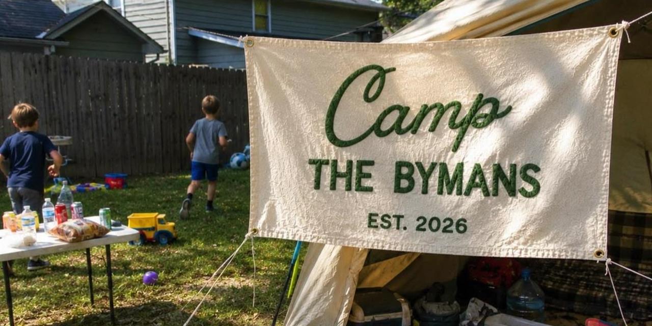 A backyard tent displays a sign reading Camp The Bymans Est. 2026. Two children play nearby, with a table holding snacks and toys on the grass. Houses and a wooden fence are in the background.