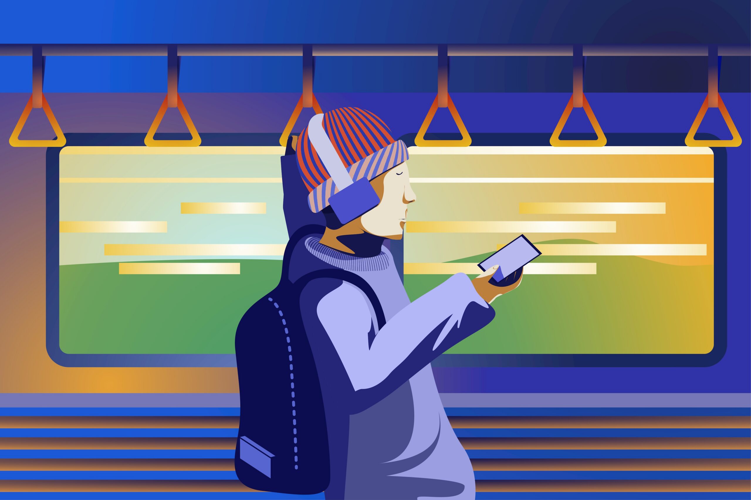 An illustration of a person standing inside a train with headphones on.