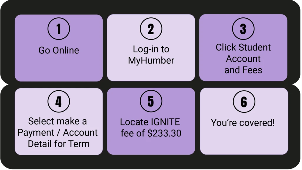 A six-step guide for paying a student account fee online, with steps including going online, logging into MyHumber, clicking Student Account and Fees, selecting payment detail, locating a $233.30 fee, and confirming coverage.